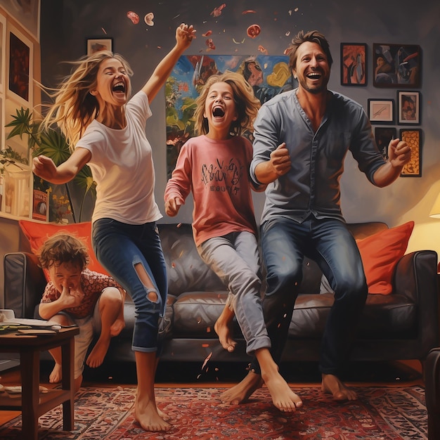 Foto immagine 3d di una famiglia felice che si diverte a casa