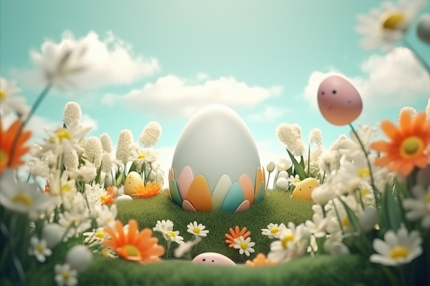 3D rendered image of a large Easter egg surrounded by a vibrant field of spring flowers under a clea
