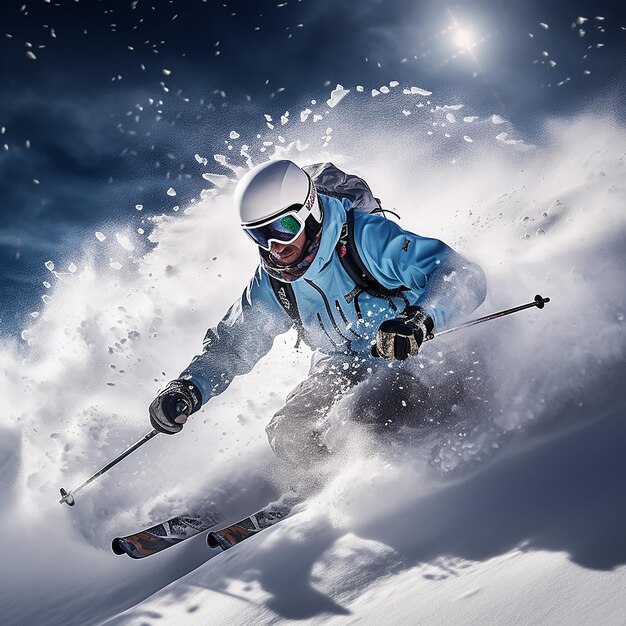 3D rendered image of male skier skiing on a slop in the mountains