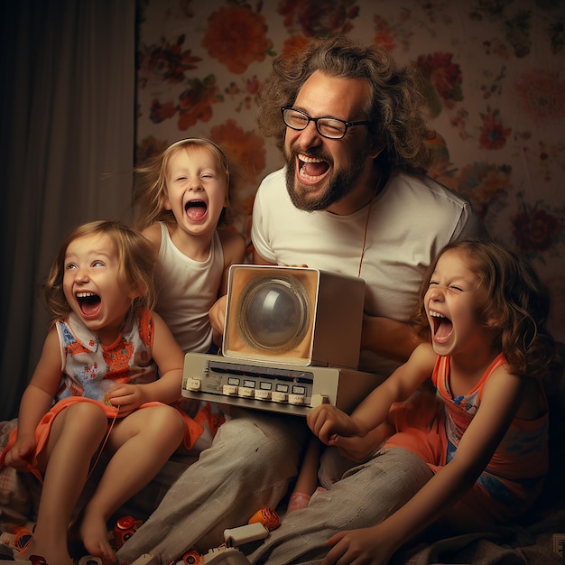 Фото 3d-рендеринг счастливой семьи, веселящейся дома
