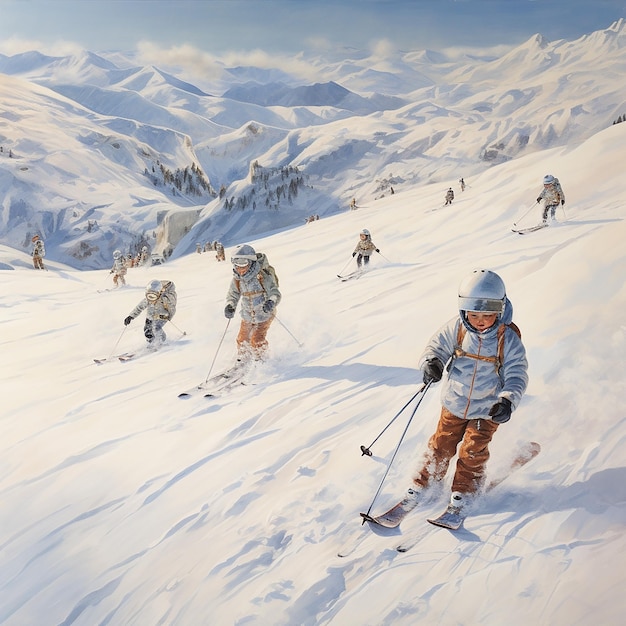 사진 겨울에 깊은 눈 속의 경사에서 스키를 타고 내려가는 아이들의 3d 렌더링 이미지