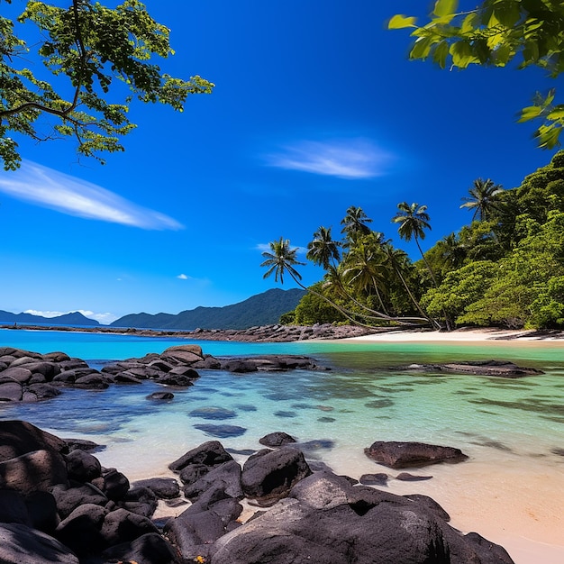 Foto immagine 3d di una spiaggia rocciosa panoramica con acqua blu