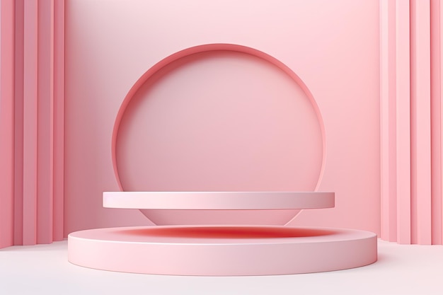 A 3D rendered image of a pink geometric background or texture showcasing a podium with a bright past