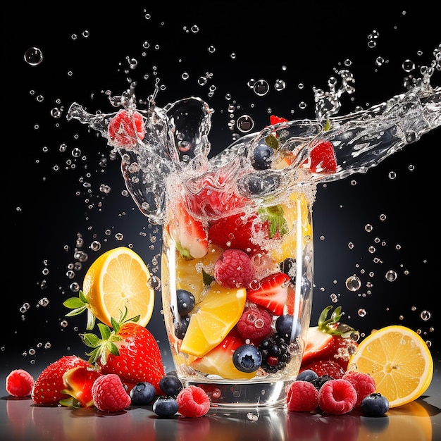 3D rendered image of sparkling bubbles drink with fruit and water splash