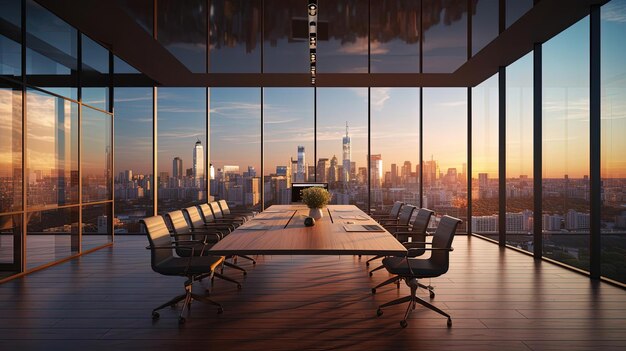 3d rendered of an interior conference room with skyline view in the style of naturalistic light