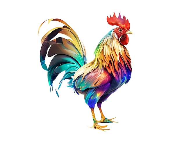 Photo 3d rendered iridescent rooster illustration in isolated white background