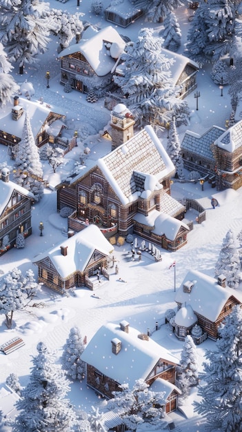 3D rendered isometric winter holiday village festive and cozy atmosphere