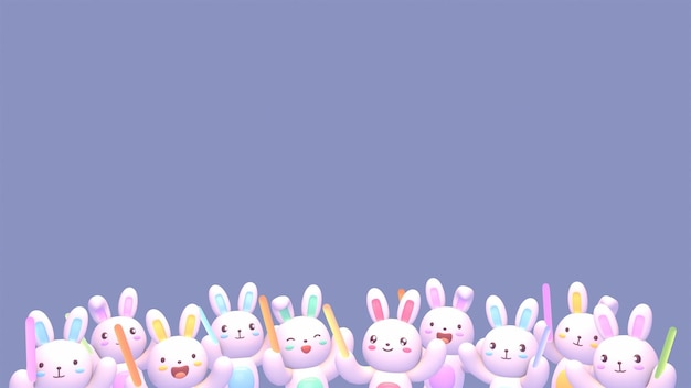 3d rendered kawaii cheering bunnies with light sticks