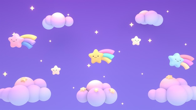 3d rendered kawaii stars in the purple sky