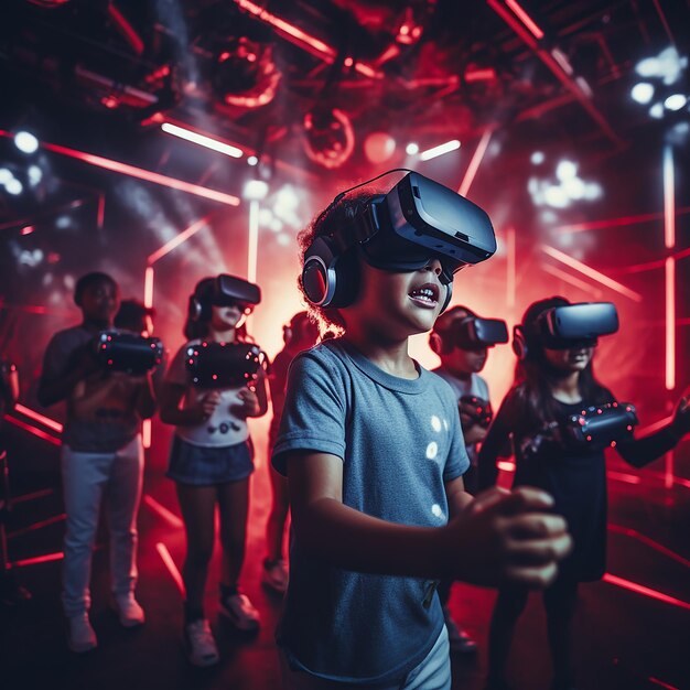 3d rendered kids with vr laser room shooting and playing