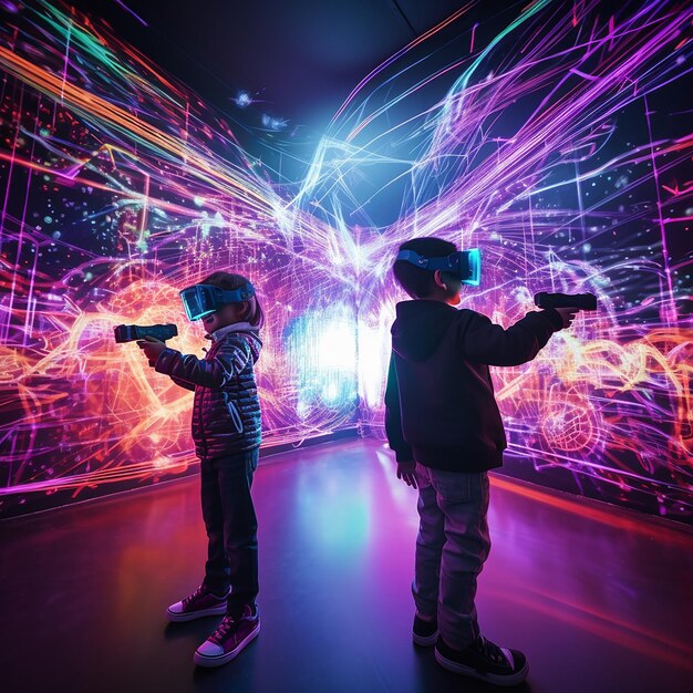 Photo 3d rendered kids with vr laser room shooting and playing