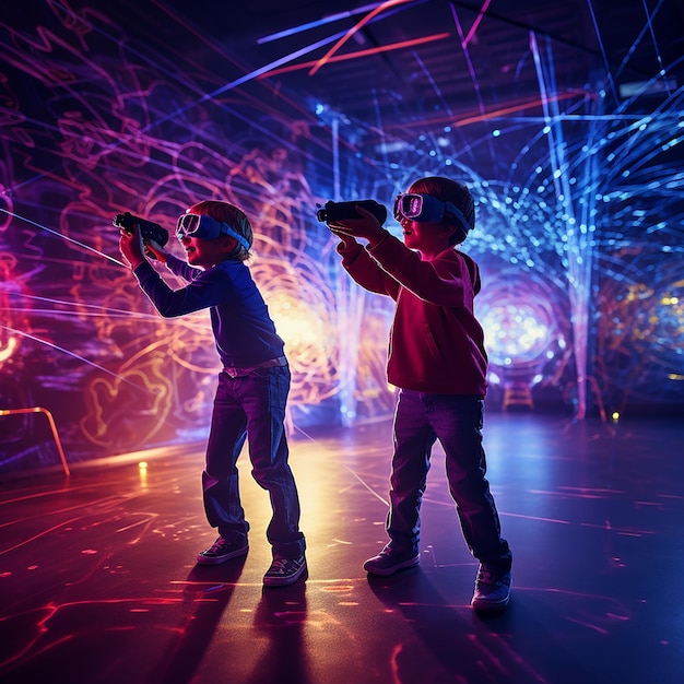 3d rendered kids with vr laser room shooting and playing