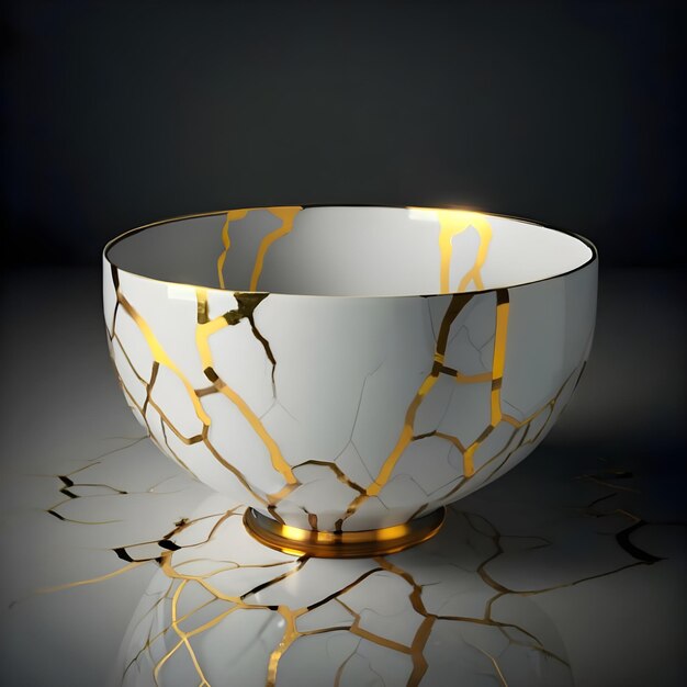 Foto 3d rendered kintsugi giapponese falegnameria dorata ciotola bianca con fessure dorate intorno ad essa