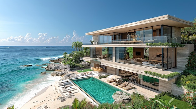 사진 해변에 있는 미래의 저택의 3d 렌더링 풍경 공중 촬영 크리스탈 푸른 물 현실적