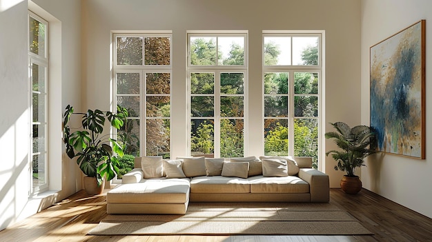 3d rendered the large windows are positioned over the couch in style of luminous landscape painting