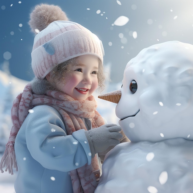 3d rendered a little girl with smiling face making snowman