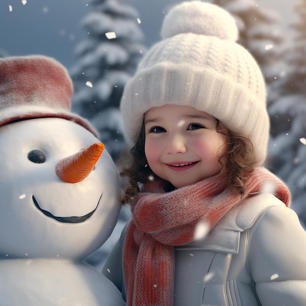 3d rendered a little girl with smiling face making snowman