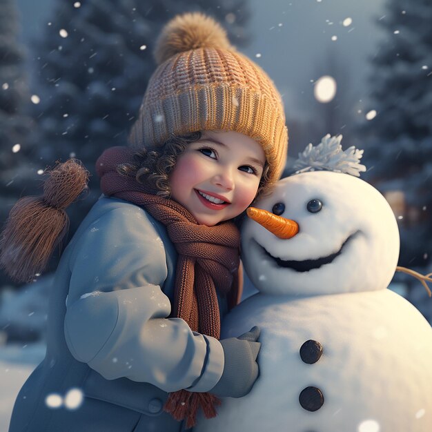 3d rendered a little girl with smiling face making snowman