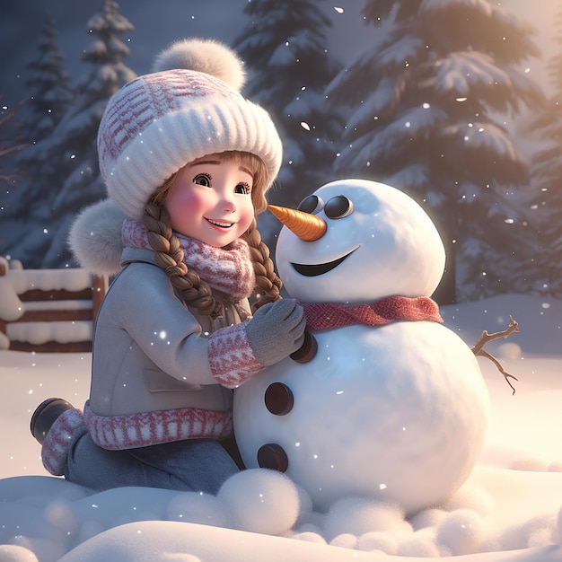 3d rendered a little girl with smiling face making snowman