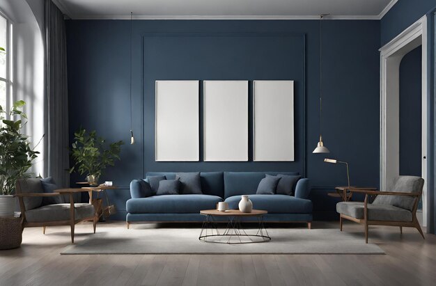 3D Rendered Living Room frame mockup met bank tegen diepe blauwe muur