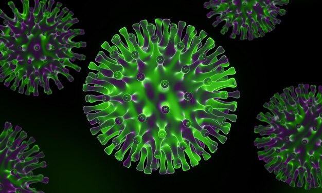 3d визуализация микроскопической пандемии covid-19. мутация зеленого вируса омикрон.