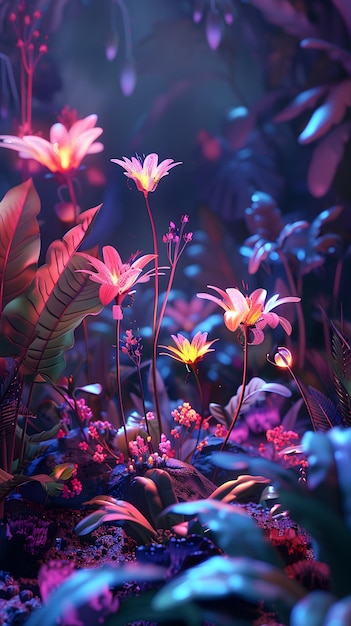 신비로운 정원에서 3D 렌더링 된 네온 꽃
