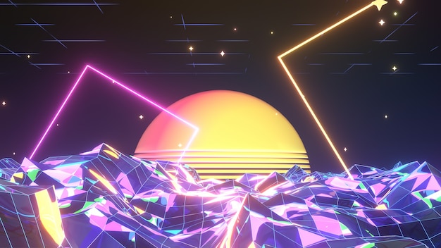 3d rendered neon glossy terrain with glowing tubes stars and sunset