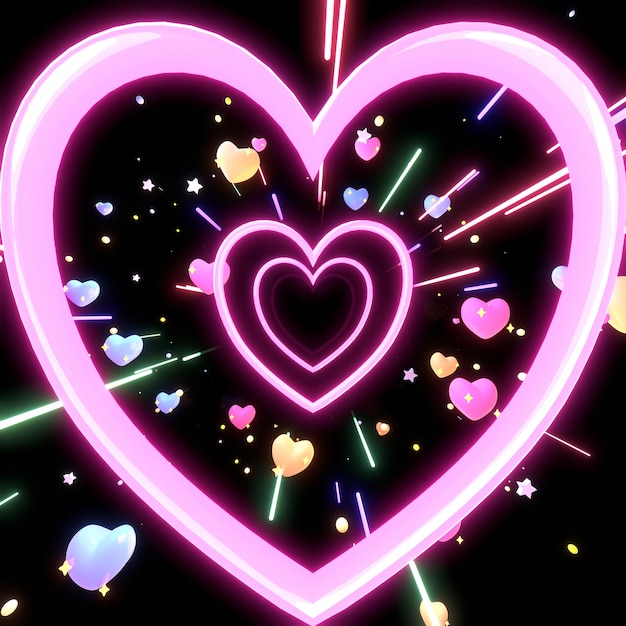 3d rendered neon pink heart tunnel with glowing stars and light streaks in the dark.