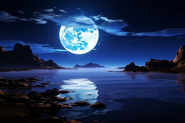 3D 렌더링 밤에서 파란 달빛이 바다를 키스합니다.