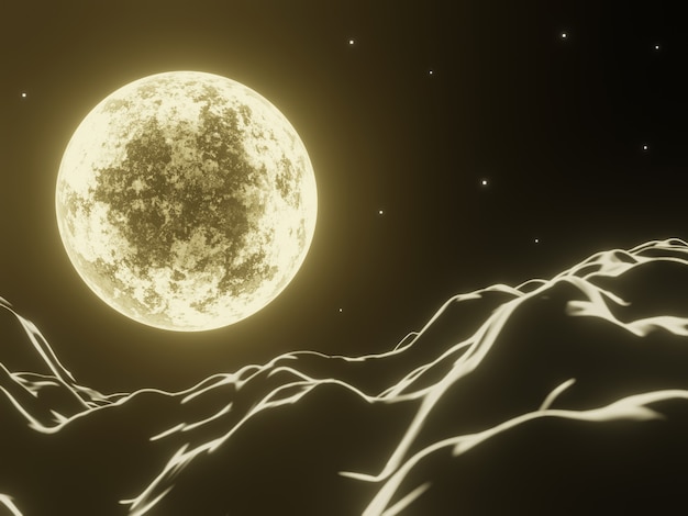 3D rendered night yellow moon and mountain