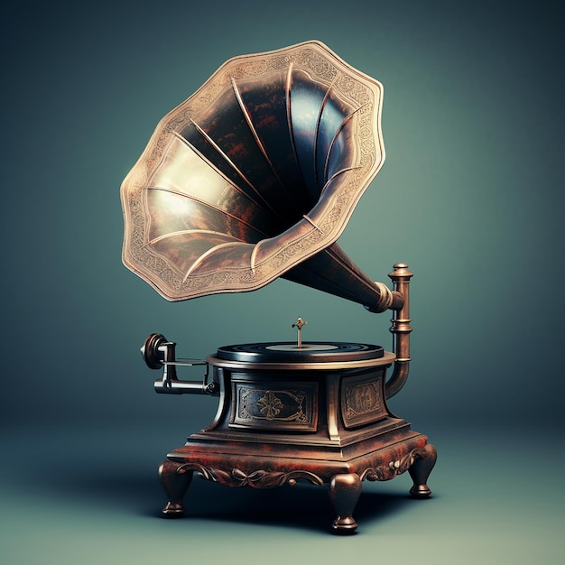 Photo 3d rendered oldfashioned gramophone with metal and wood making