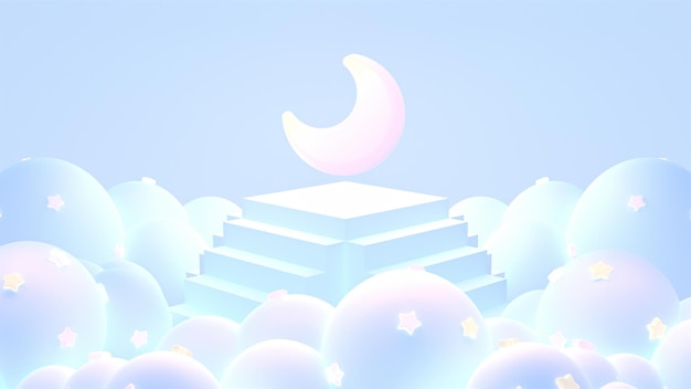 3d rendered pastel stairs surround by clouds with crescent moon in the sky