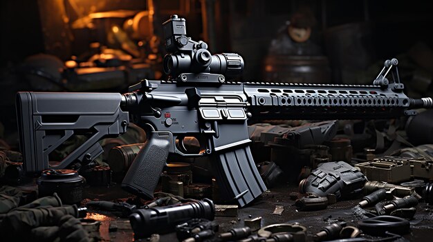 3d rendered photo of army weapons and instrument's