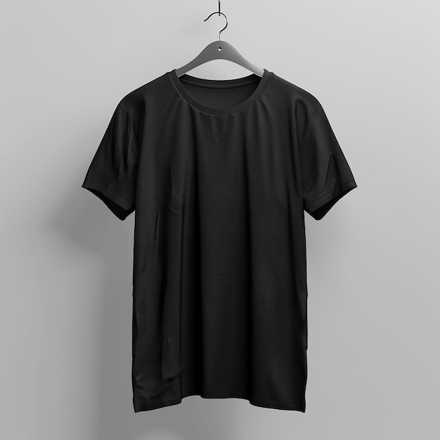 3d rendered photo of a black t shirt is hanging on a hanger with plain background