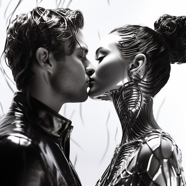 3d rendered photo of Black and white kissing portrait of couple