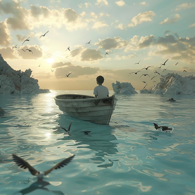 3d rendered photo of Boy Enjoy Driving A Boat In The Middle of The Sea