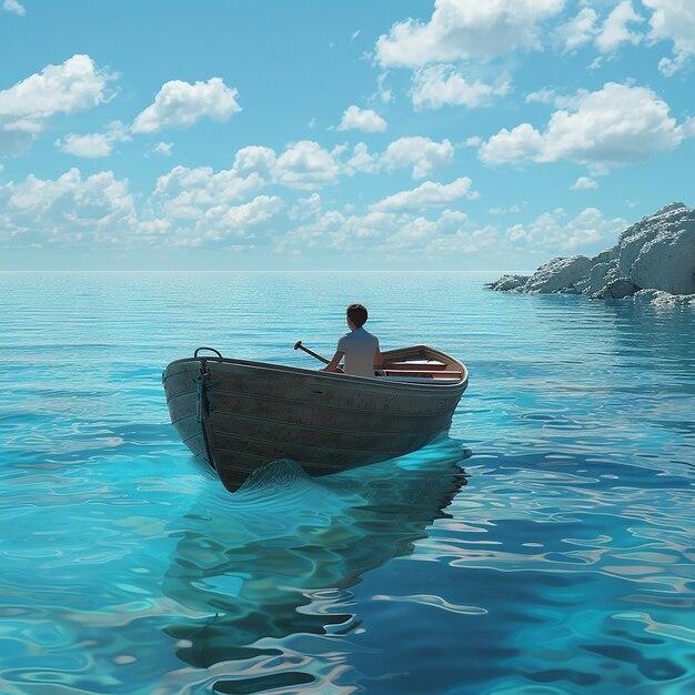 3d rendered photo of Boy Enjoy Driving A Boat In The Middle of The Sea