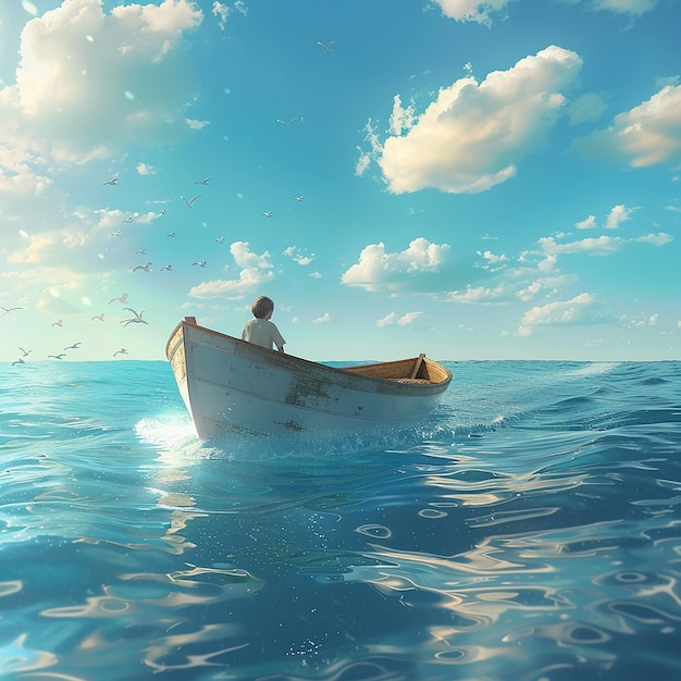 Foto foto renderizzata in 3d di boy enjoy driving a boat in the middle of the sea