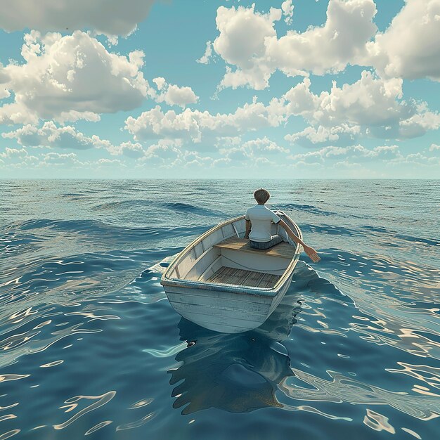 3d rendered photo of Boy Enjoy Driving A Boat In The Middle of The Sea