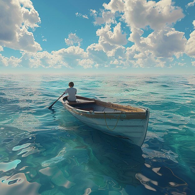 3d rendered photo of Boy Enjoy Driving A Boat In The Middle of The Sea