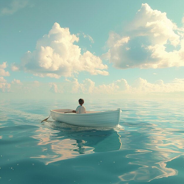 3d rendered photo of Boy Enjoy Driving A Boat In The Middle of The Sea