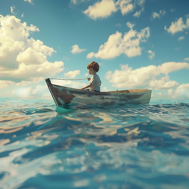 3d rendered photo of Boy Enjoy Driving A Boat In The Middle of The Sea