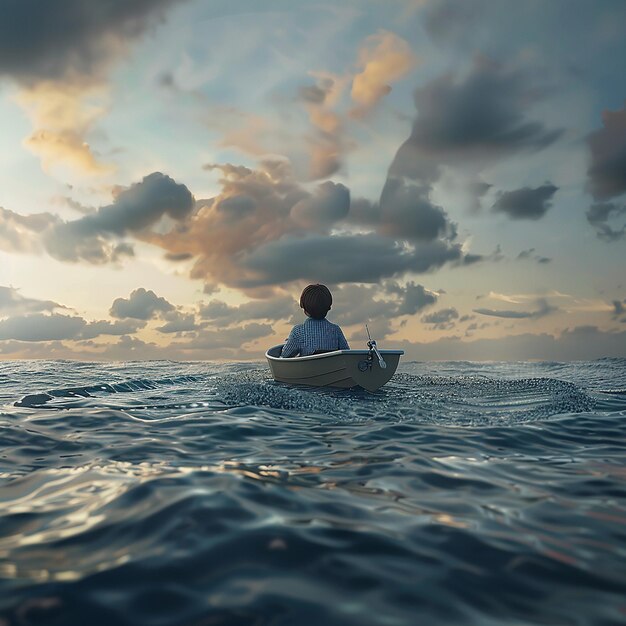 3d rendered photo of Boy Enjoy Driving A Boat In The Middle of The Sea