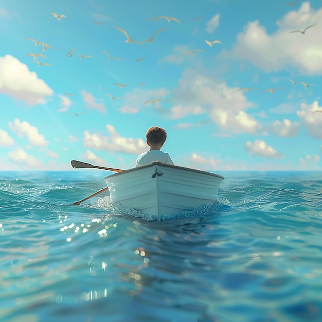 3d rendered photo of Boy Enjoy Driving A Boat In The Middle of The Sea