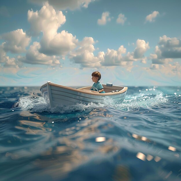 3d rendered photo of Boy Enjoy Driving A Boat In The Middle of The Sea