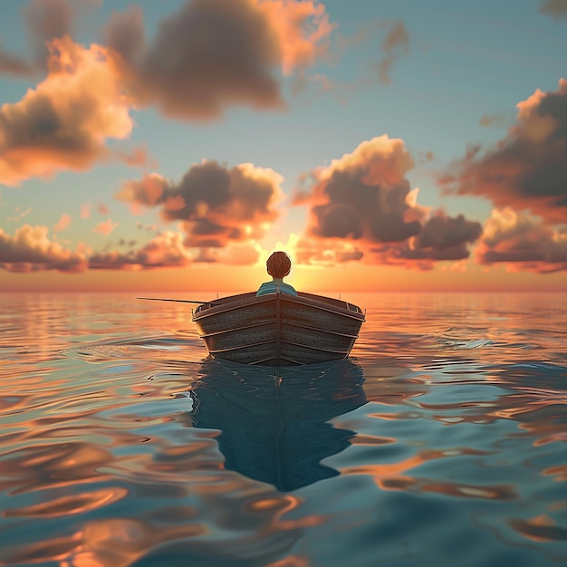 3d rendered photo of Boy Enjoy Driving A Boat In The Middle of The Sea