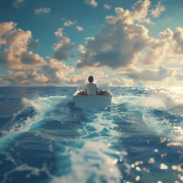 3d rendered photo of Boy Enjoy Driving A Boat In The Middle of The Sea