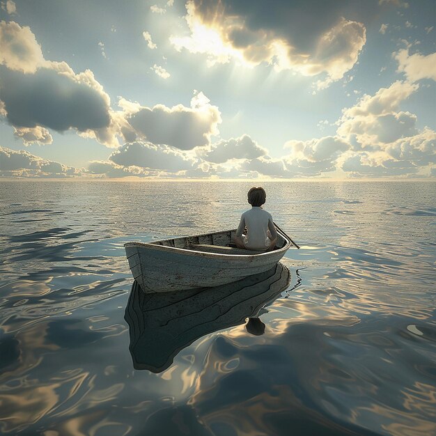 3d rendered photo of Boy Enjoy Driving A Boat In The Middle of The Sea