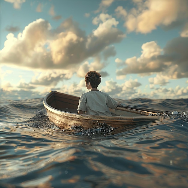 3d rendered photo of Boy Enjoy Driving A Boat In The Middle of The Sea