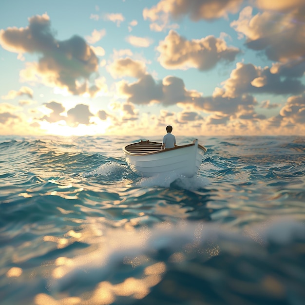 3d rendered photo of Boy Enjoy Driving A Boat In The Middle of The Sea